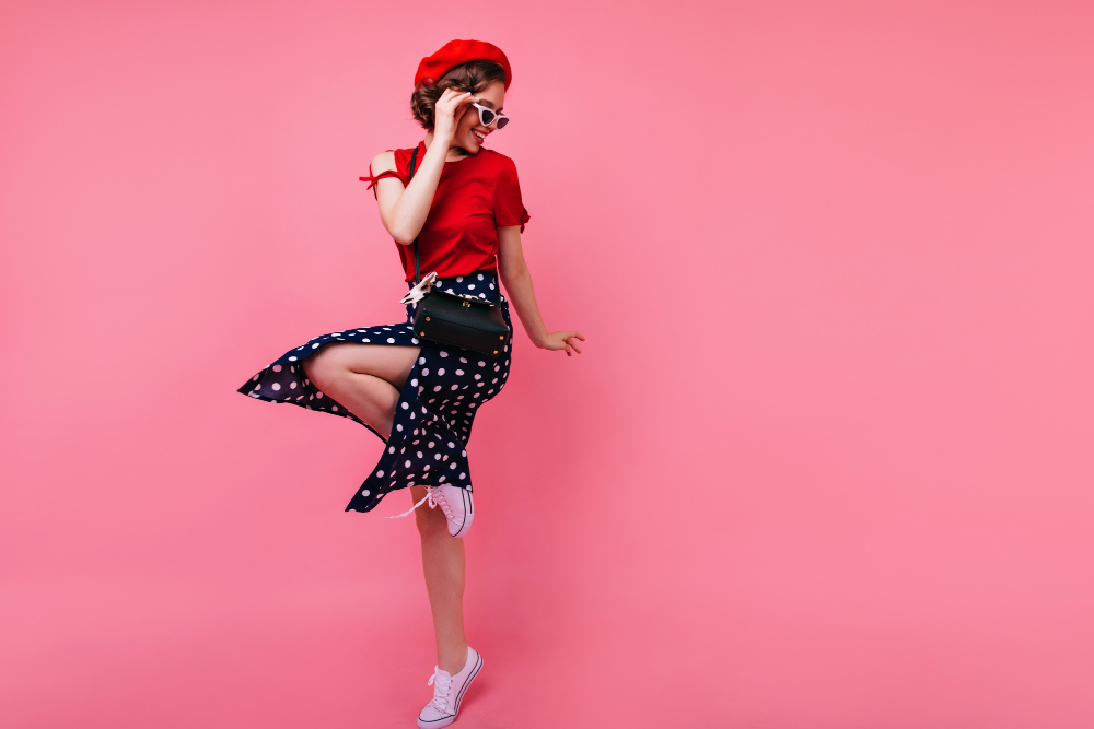 excited-brunette-lady-black-skirt-dancing-rosy-wall-appealing-white-girl-french-beret-jumping