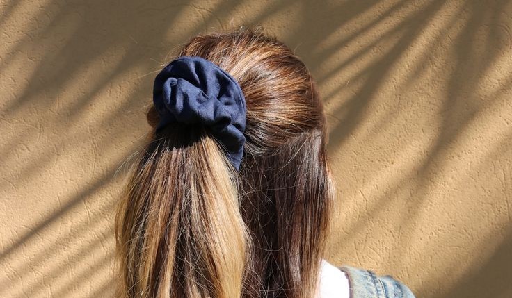 Navy blue linen scrunchie half up hairstyle