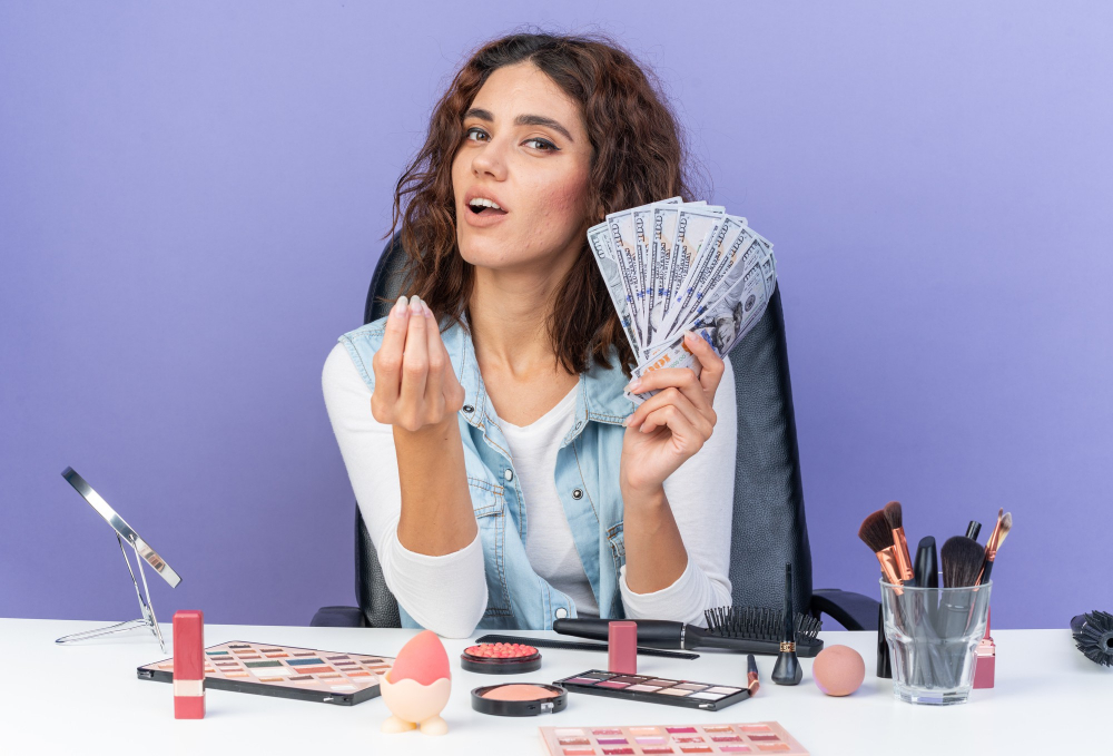 pleased-pretty-caucasian-woman-sitting-table-with-makeup-tools-holds-money-isolated-purple-wall-with-copy-space