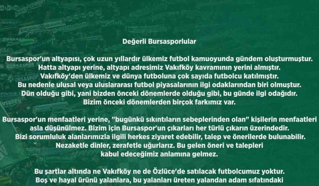 Bursaspor Kulübü: “Satılacak futbolcumuz yok"